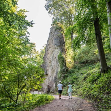 Landschaftsaufnahme mit Menschen, hohem, spitzen Felsen, darauf ein bepflanzter Blumenkorb im Schlosspark Altenstein
